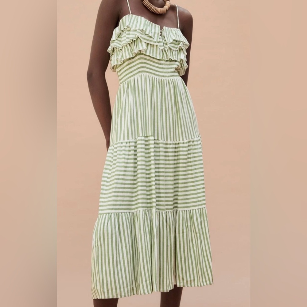 Zara Green and White Striped‎ Tiered Ruffled Dress - Size M